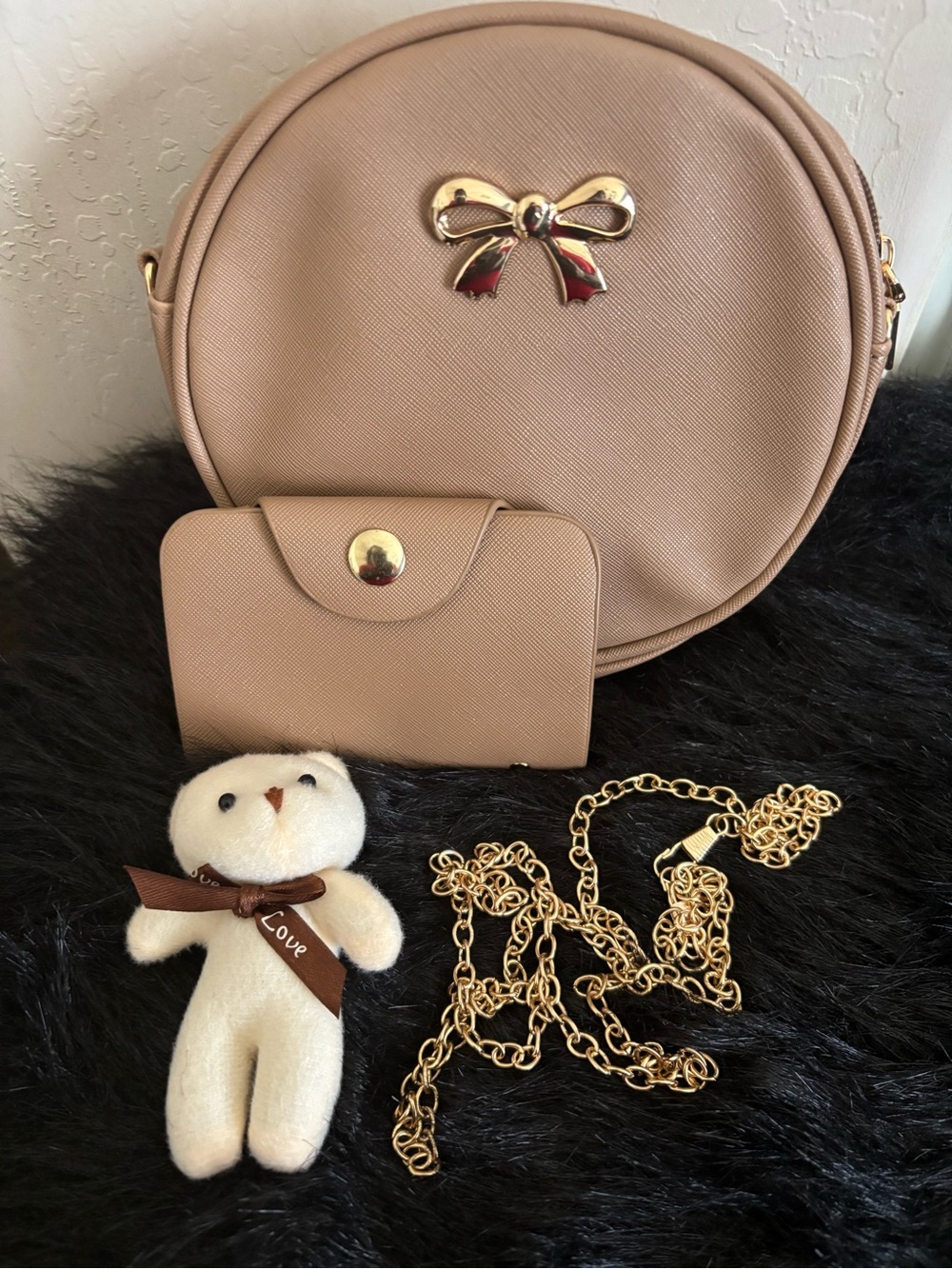 NWOT Women’s Round Crossbody Bag with Bow Accent, - Beige